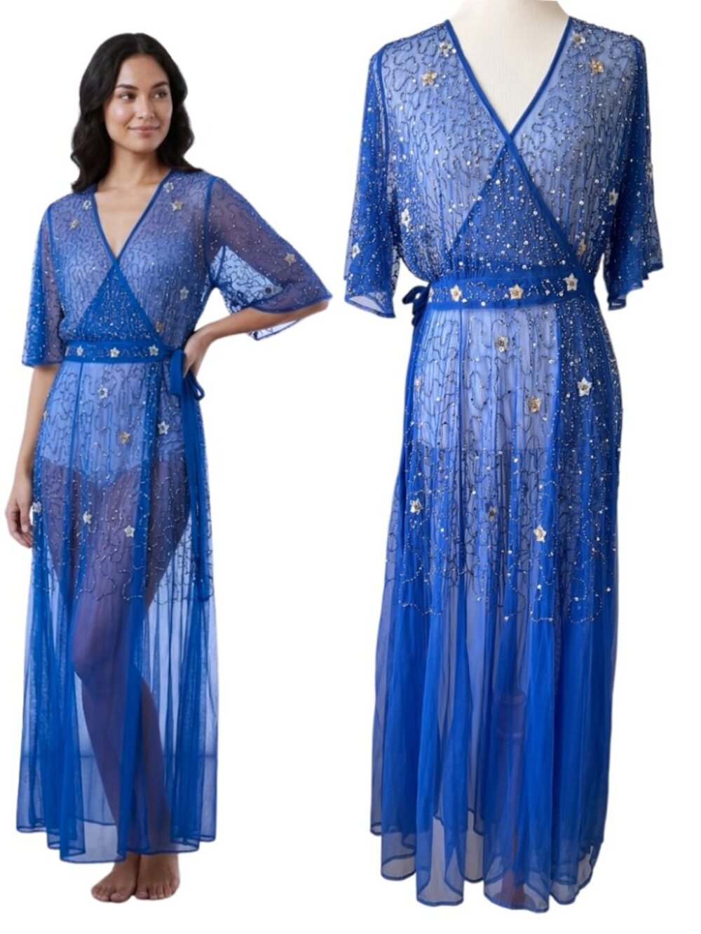 Free People New Friends Colony Stargazer Beaded Wrap Maxi Dress Lapis Blue M